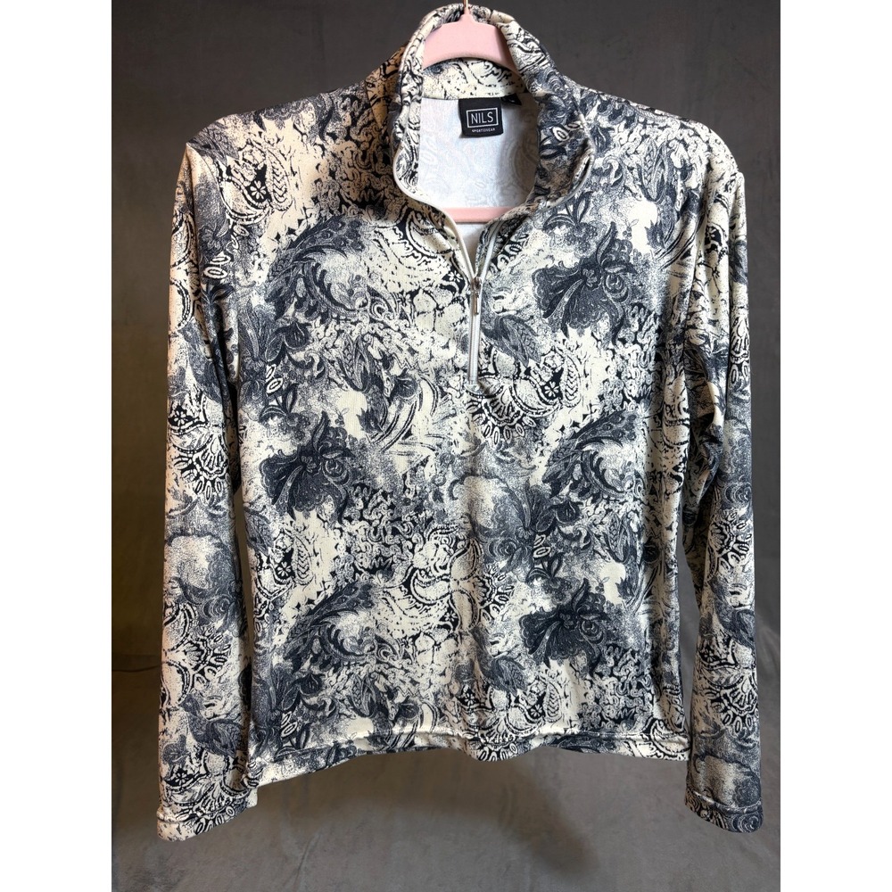 NILS 1/4 Zip Mid Layer Long Sleeve Top Pullover Black Cream Paisley Floral S